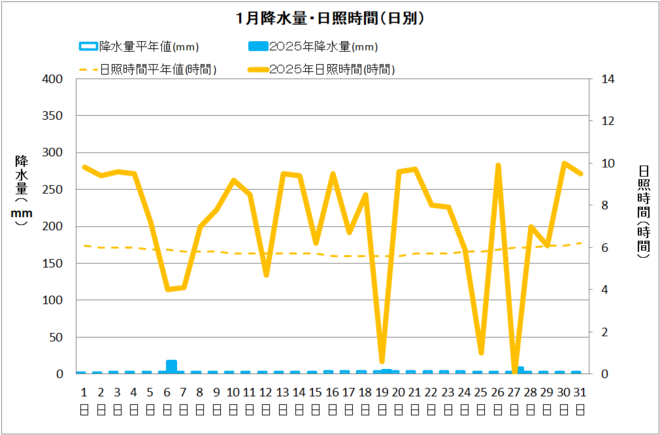 土佐清水市1月降水量・日照量