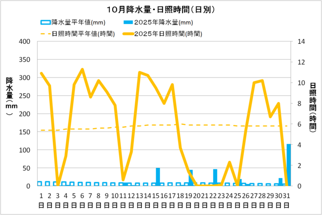 土佐清水市10月の降水量・日照量