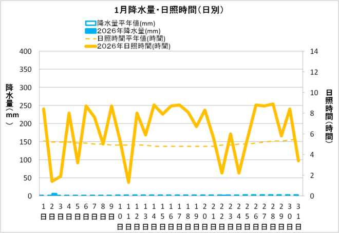 宿毛市１月の降水量・日照量