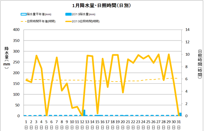 土佐清水市１月の降水量・日照量