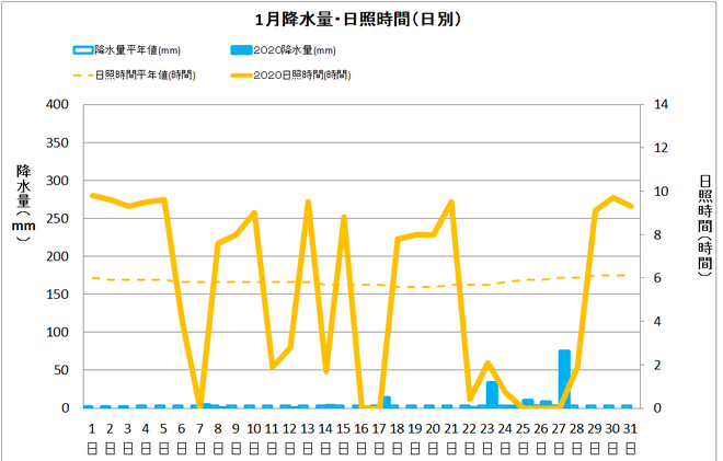 土佐清水市１月の降水量・日照量