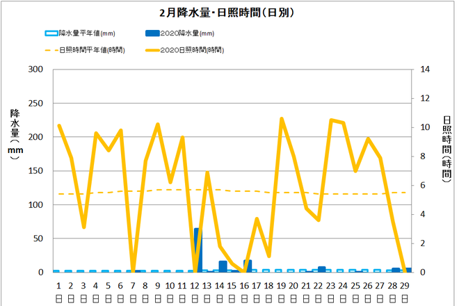 宿毛市２月の降水量・日照量