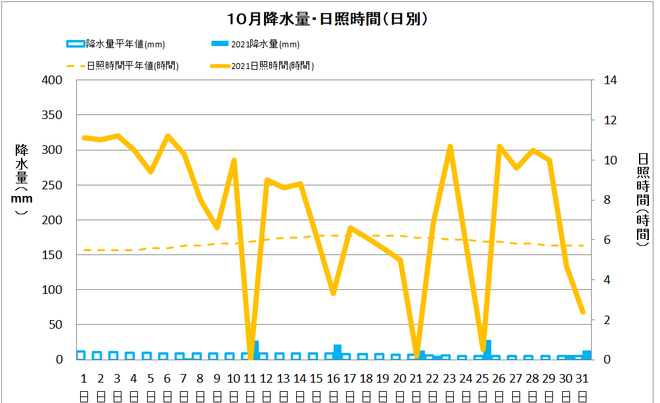 土佐清水市10月の降水量・日照量