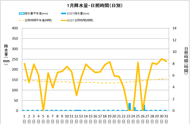 黒潮町佐賀１月の降水量・日照量