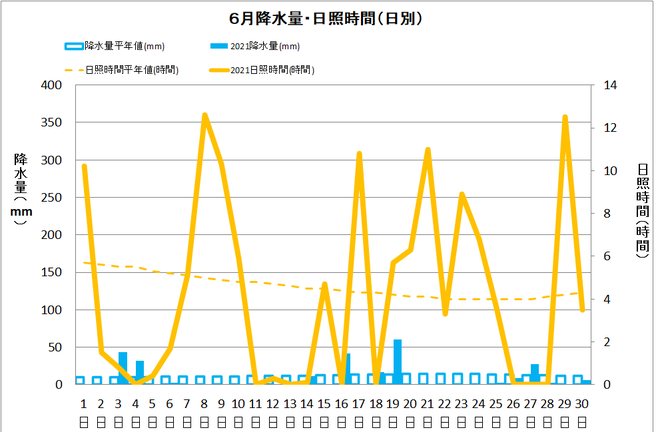 黒潮町佐賀6月の降水量・日照量