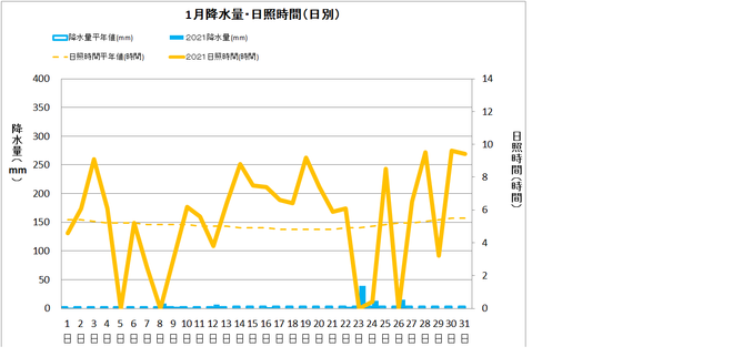 四万十市中村１月降水量・日照量