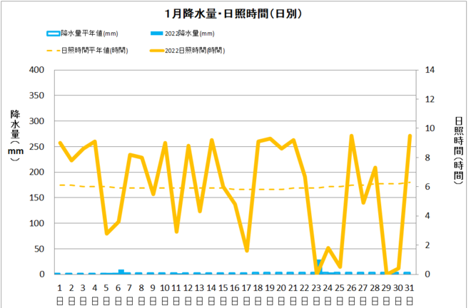 黒潮町佐賀１月の降水量・日照量